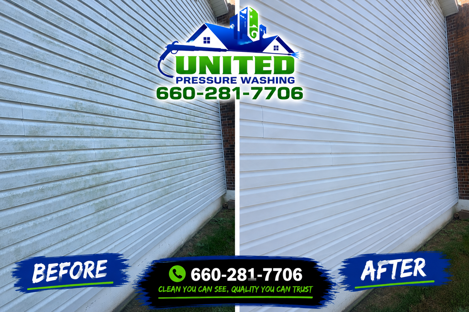 Before and after soft washing on white vinyl siding